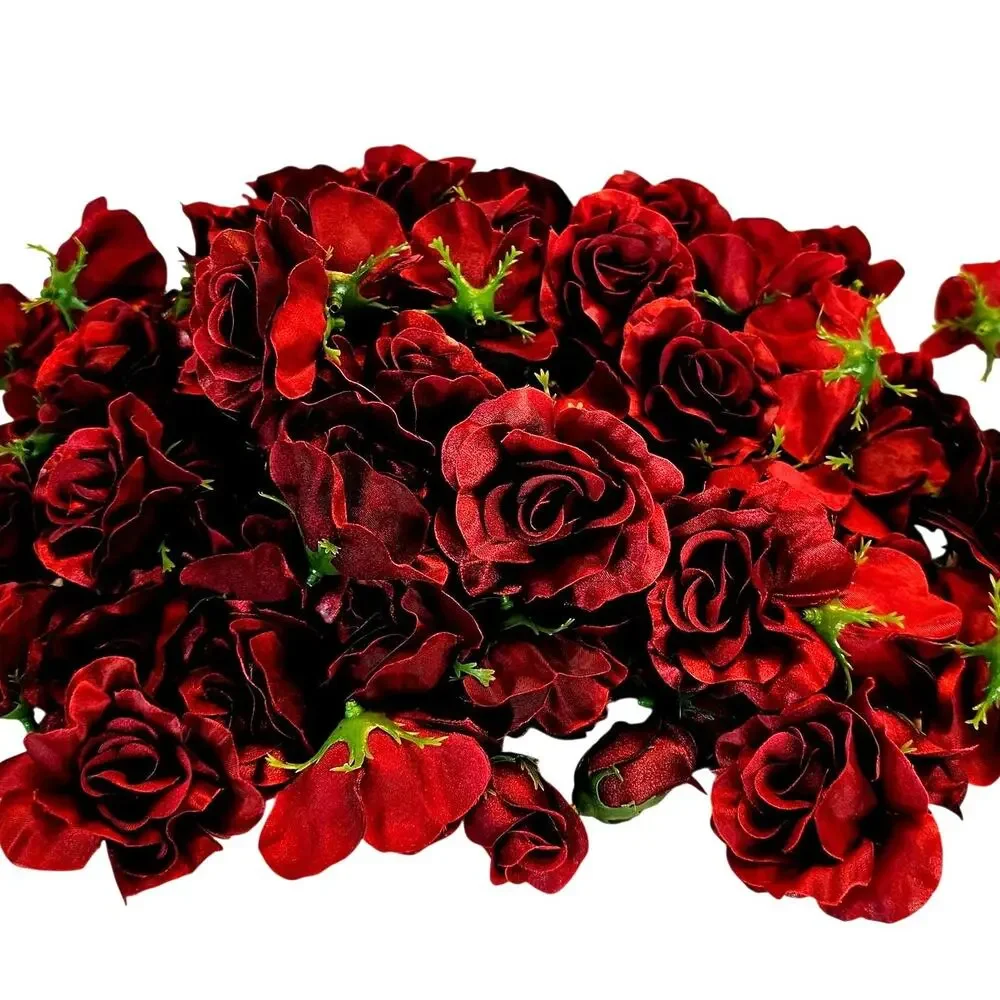 105 Burgundy Red Satin Rose Heads Lot Open Roses Buds Stemless Wedding Craft